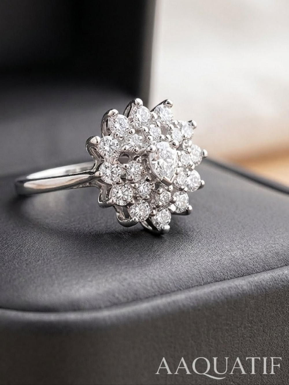 925 Sterling Silver 5A High-Dispersion Starburst Cocktail Ring Rhodium